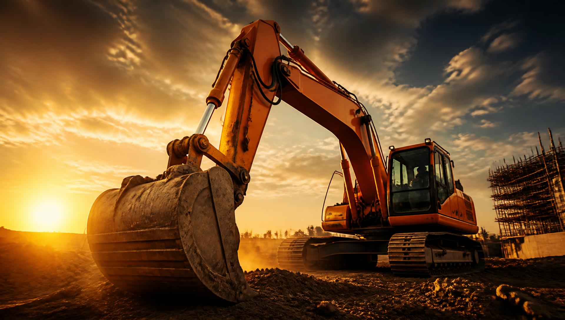 Orange excavator working on a jobsite at golden hour